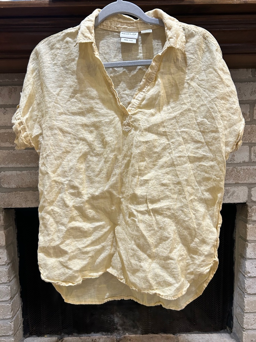 Rachel Zoe Pale Yellow Short-Sleeve Linen Blend Button-Down EUC